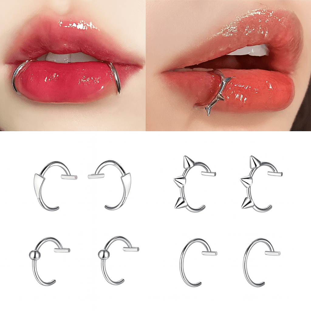 2 Piece Set Stainless Steel Clip-On Nose and Lip Rings | Punk Style Fake Piercing Jewelry