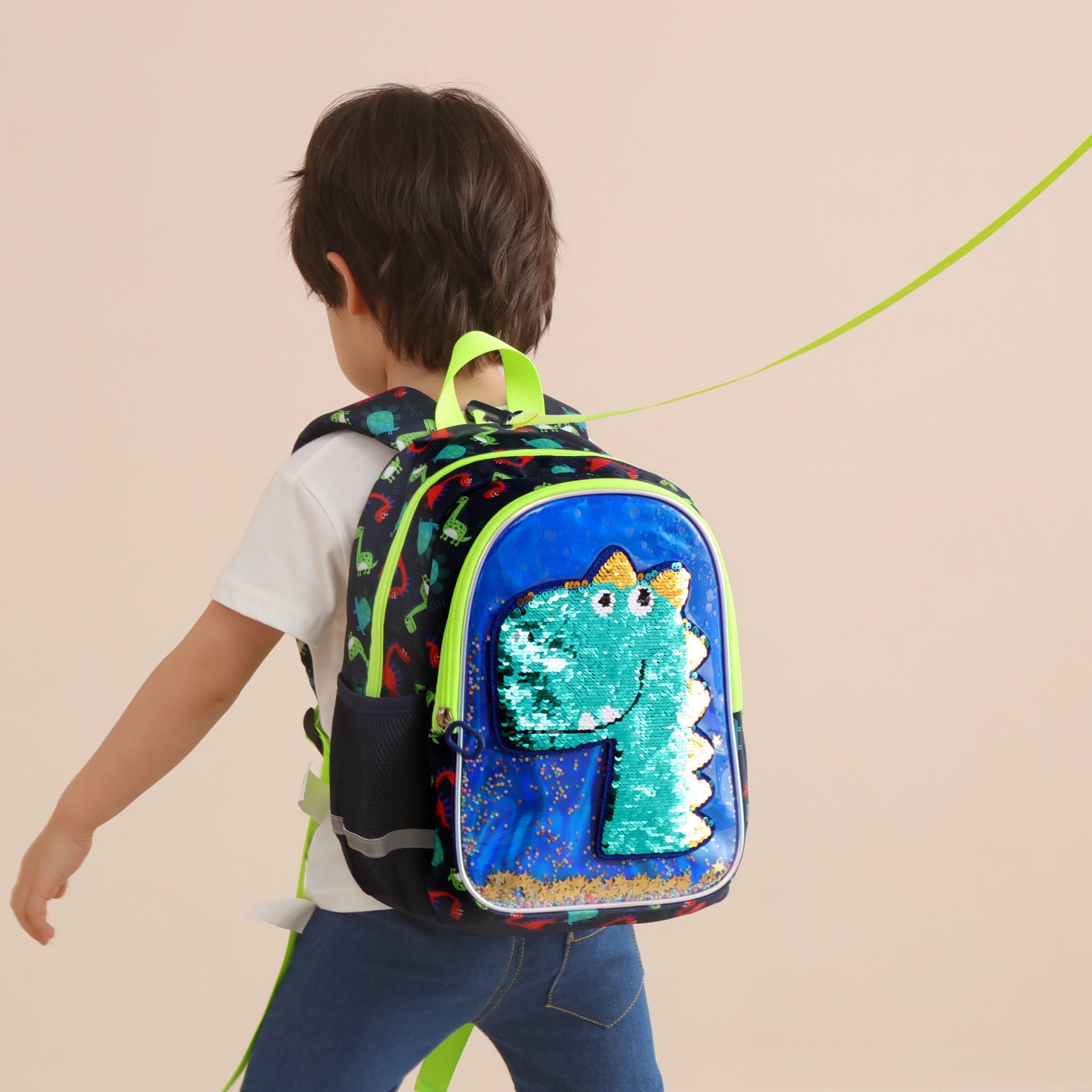 Mochila infantil de dinosaurio con lentejuelas reversibles
