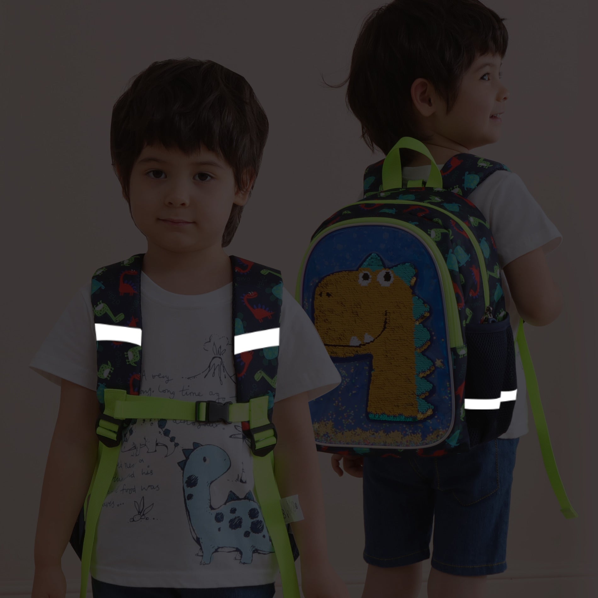 Mochila infantil de dinosaurio con lentejuelas reversibles