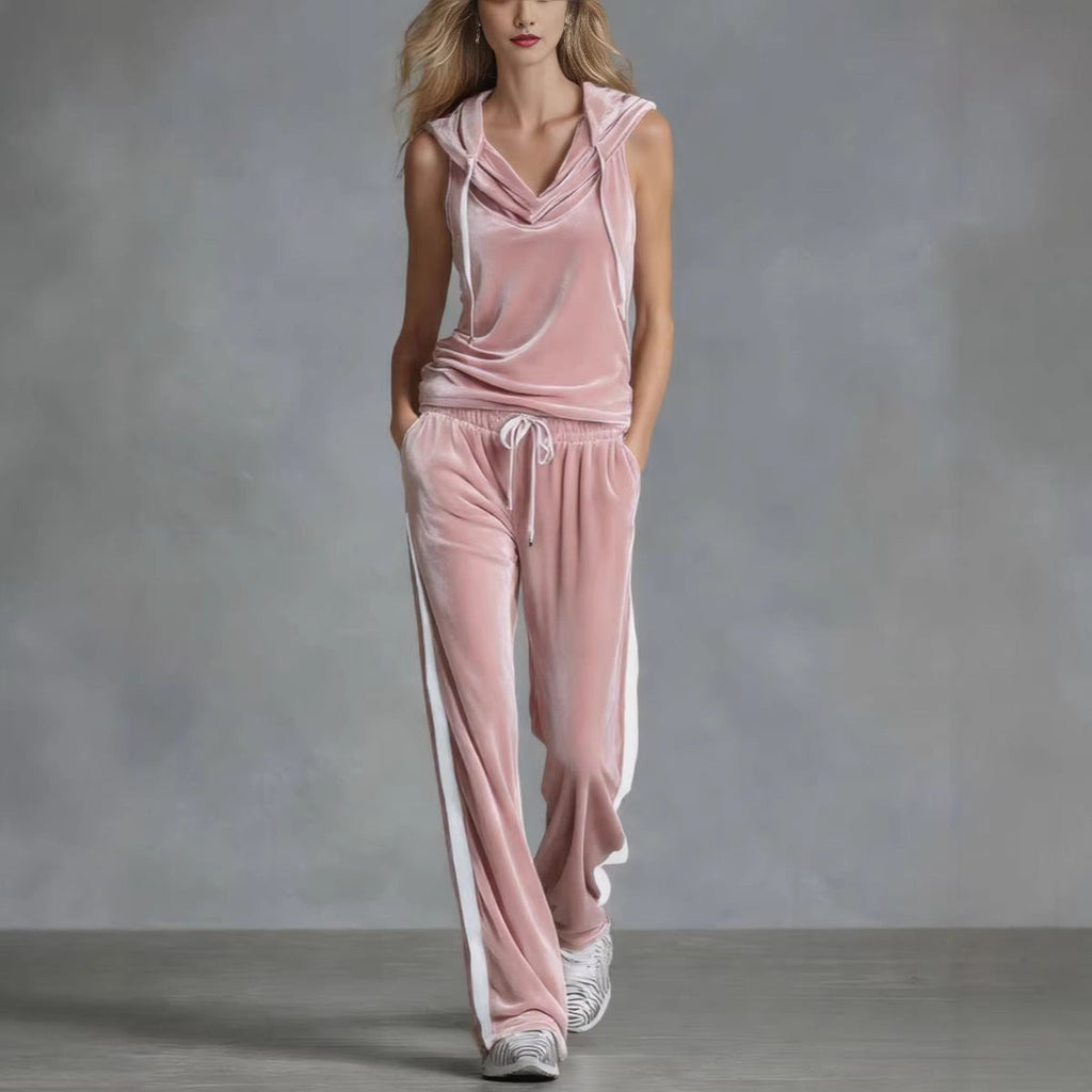 Women's Sleeveless Hooded Velvet Top & Long Pants Set | Casual Sporty 2-Piece in 6 Colors