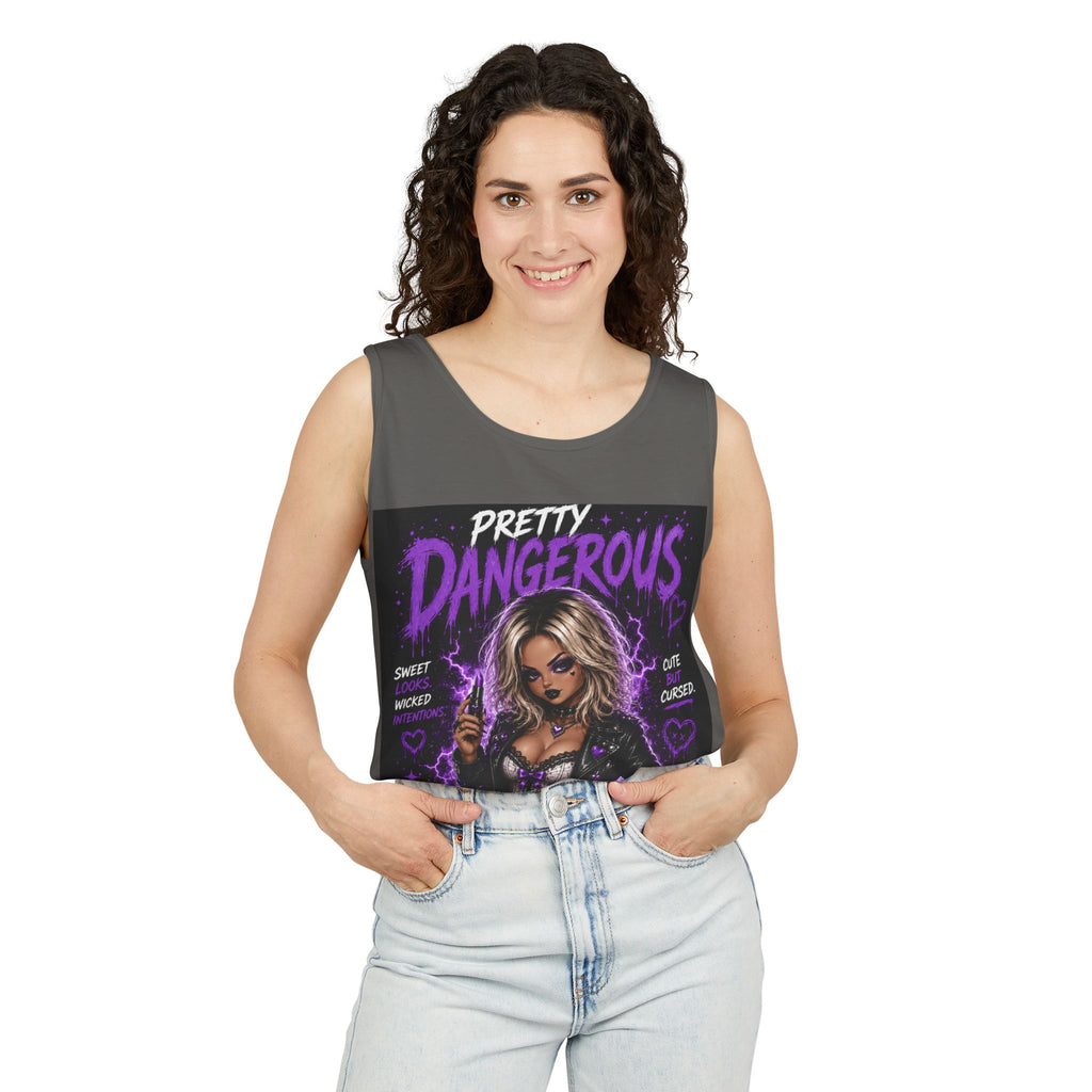 Camiseta sin mangas estampada — Ilustración gótica "Bastante peligrosa / Linda pero maldita"