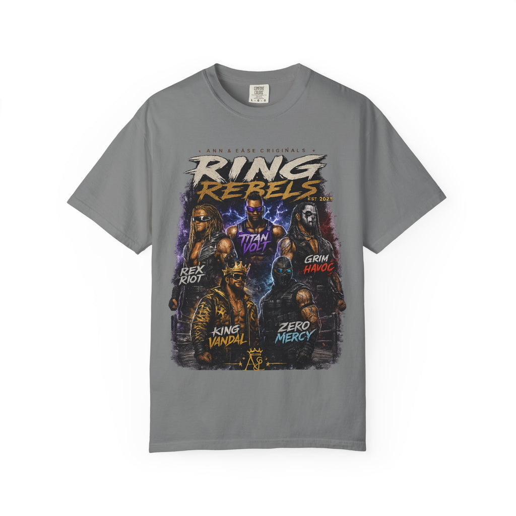 Playera — Camiseta gráfica Ring Rebels (Rex Riot, Titan Bolt, Grim Havoc, King Vandal, Zero Mercy)