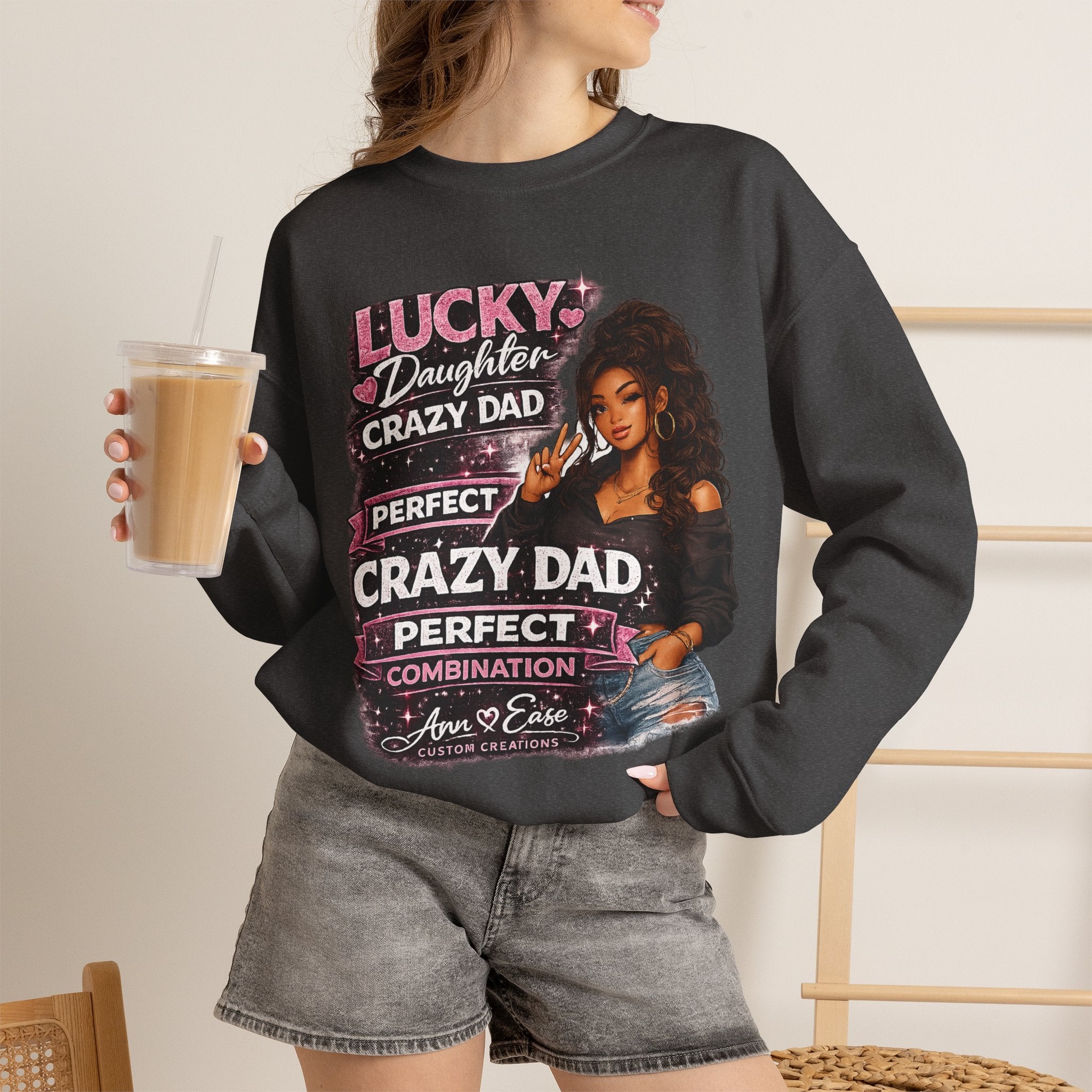 Crewneck Sweatshirt — "Lucky Daughter, Crazy Dad" Pink Graphic Father-Daughter Pullover