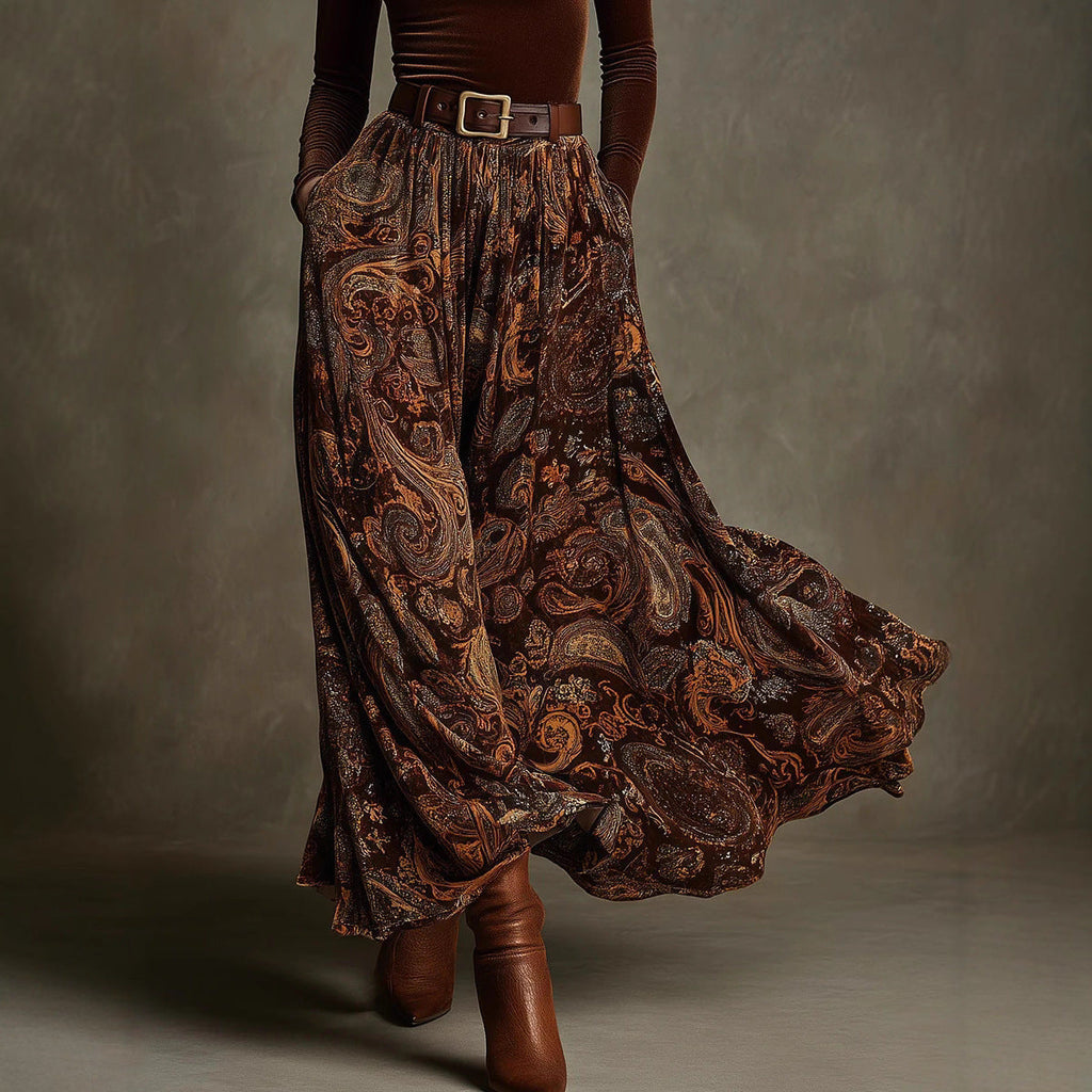 Women's Floral Print Long Sleeve Skirt Set with Belt – Caramel