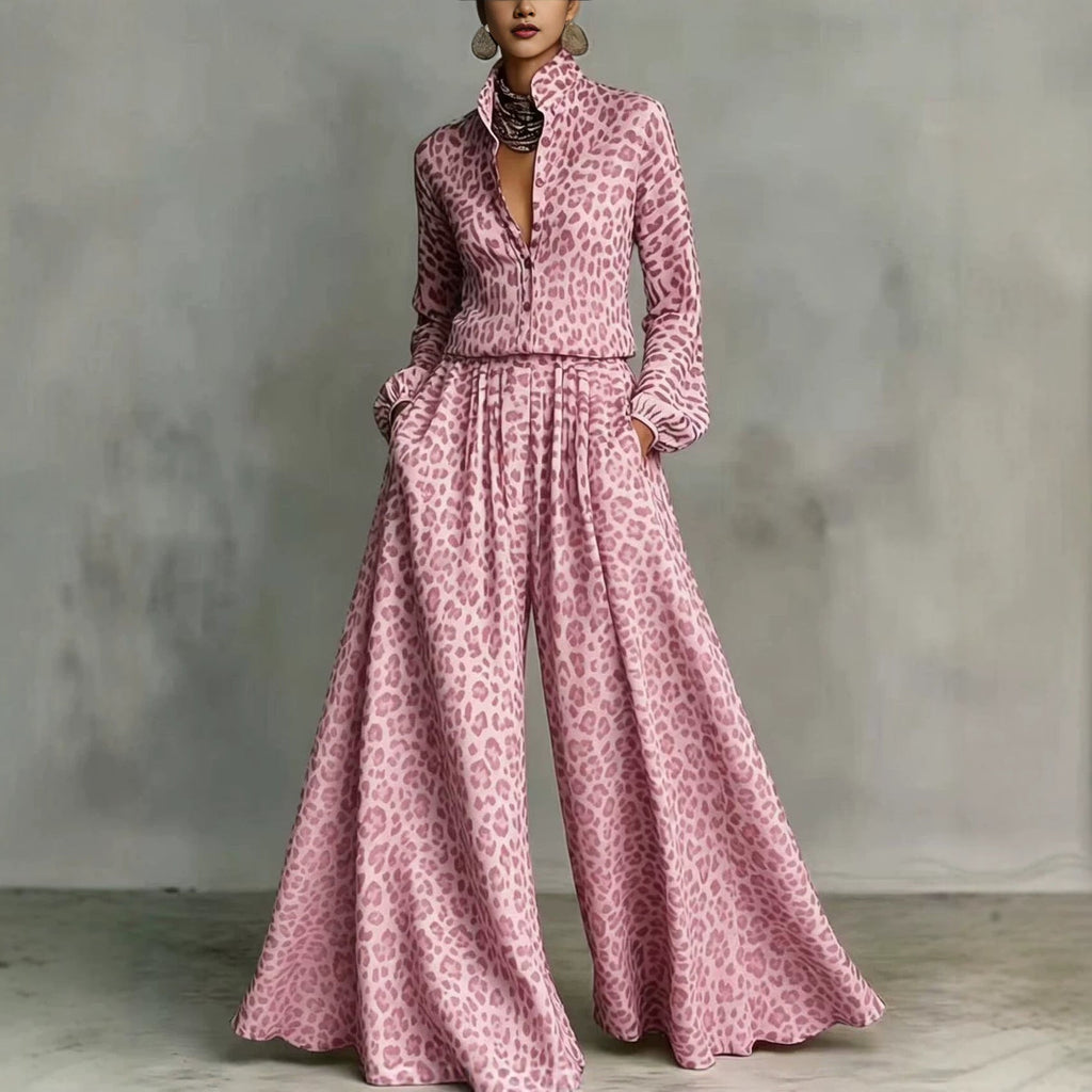 Leopard Print Wide-Leg Pants Set – Women’s Casual Two-Piece