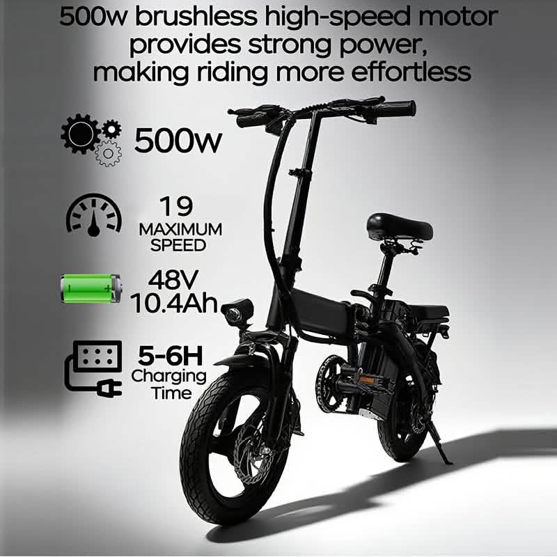 Bicicleta eléctrica plegable de 14" 48 V, ligera, carga de 330 lb, 19 mph, autonomía de 28 millas