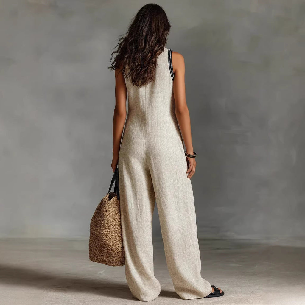 Women’s Simple Linen-Blend Sleeveless Jumpsuit