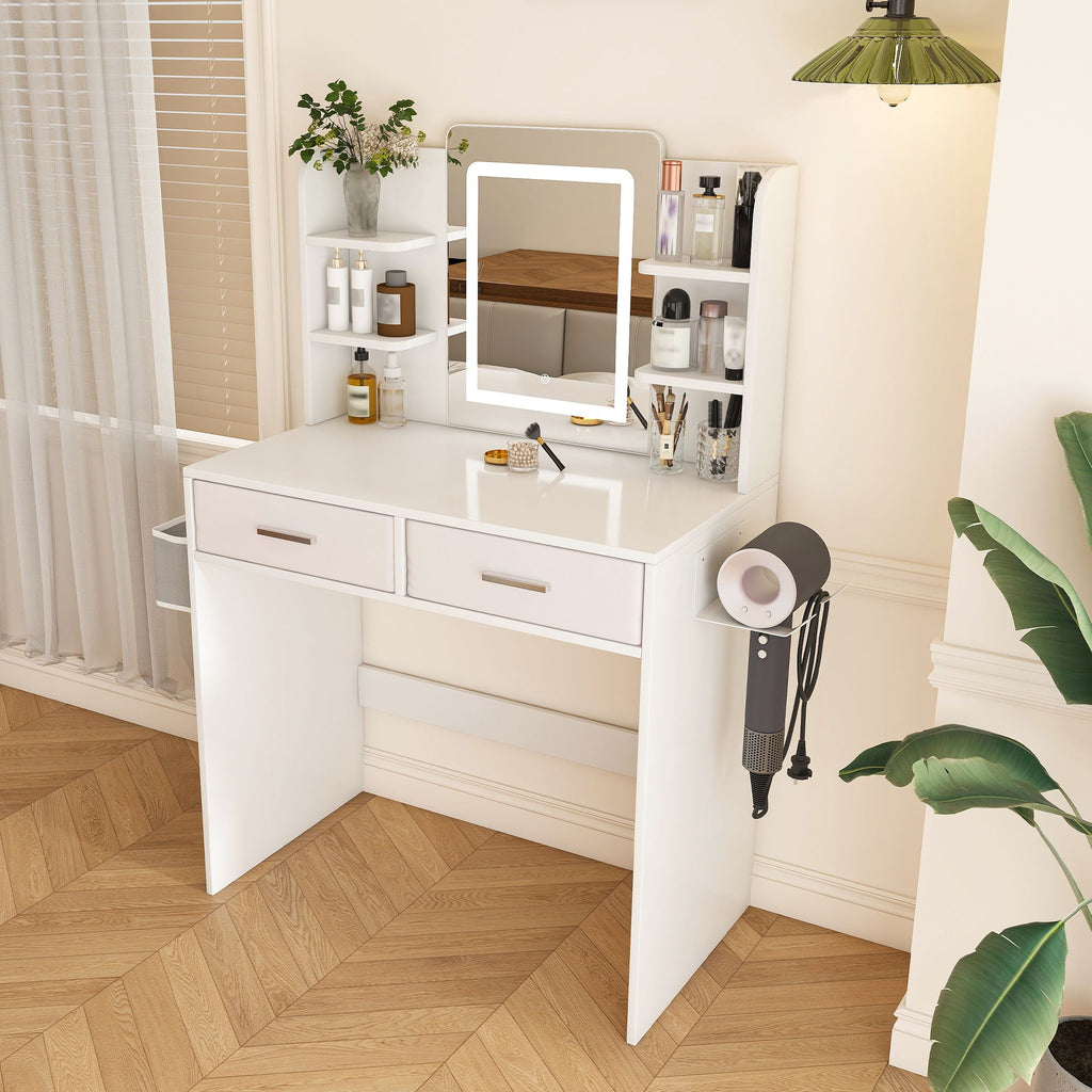 Elegante Tocador Espejo LED con Luces Ajustables, Cajones y Almacenamiento - Blanco