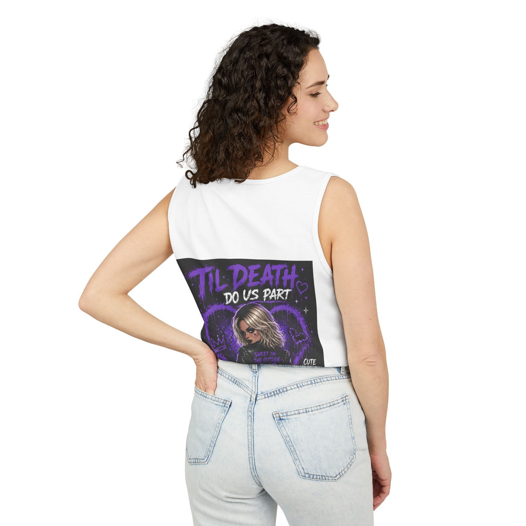 Camiseta sin mangas estampada — Ilustración gótica "Bastante peligrosa / Linda pero maldita"