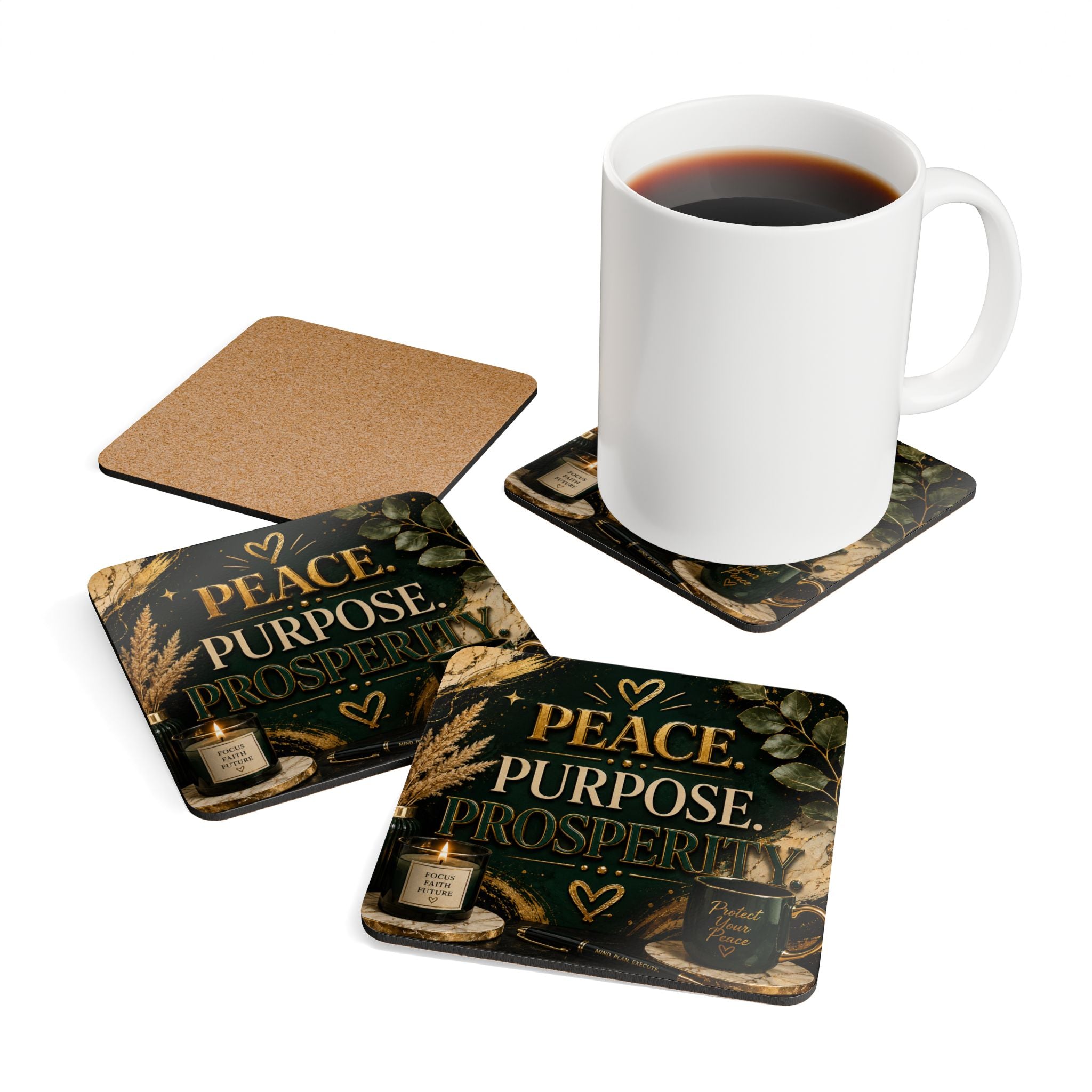 Peace Purpose Prosperity Cork Coaster Set — Inspirational Drink Coasters (4-Pack)