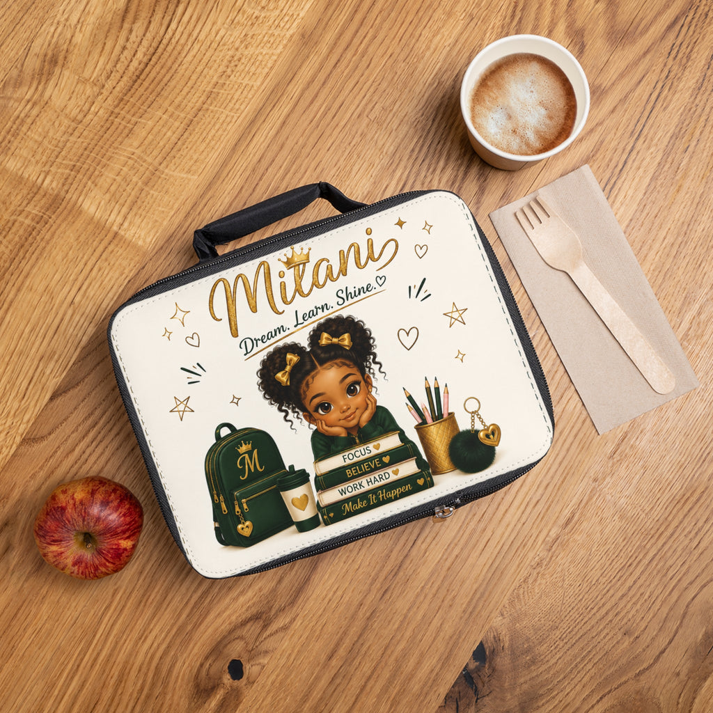 Personalized Kids Lunch Bag — "Dream. Learn. Shine." School Lunchbox with Girl Illustration