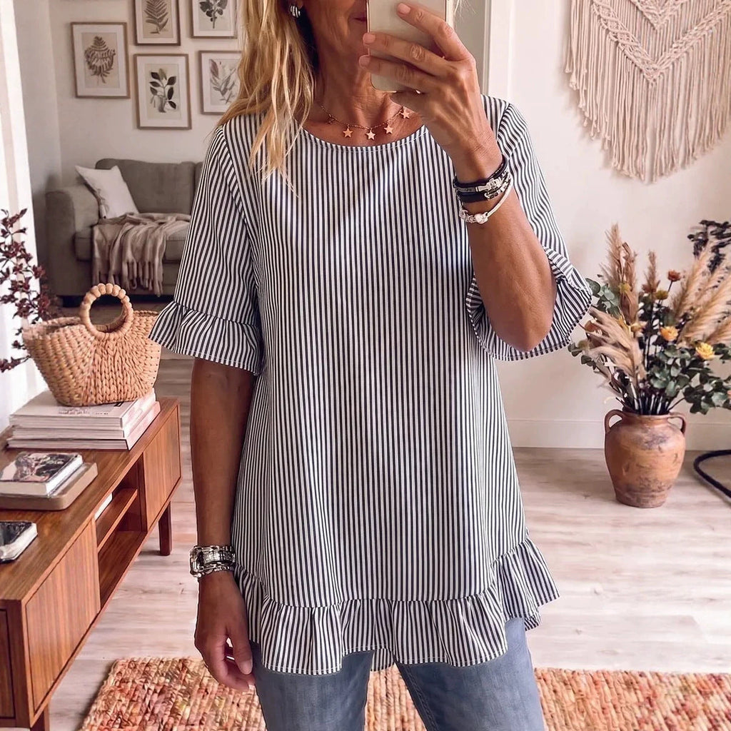 Women's Striped Ruffle-Sleeve Loose-Fit Blouse – Three-Quarter Sleeve