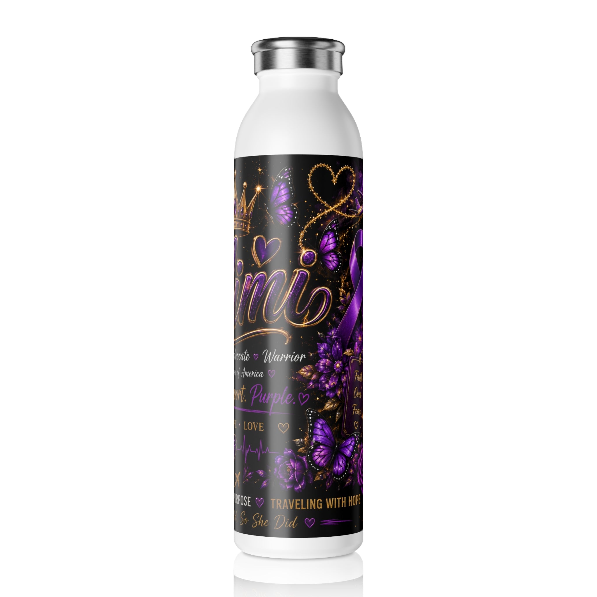 Slim Water Bottle — Mimi Inspirational Crown Design, Purple Butterfly Motivational Bottle