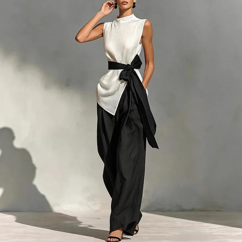 Women's Lace-Up Sleeveless Top & Wide-Leg Pants Set