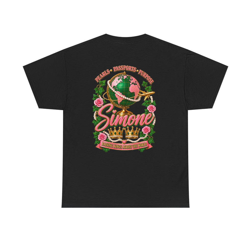 AKA Simone Globe Crown T‑Shirt — Pink & Green Sorority Travel Tee