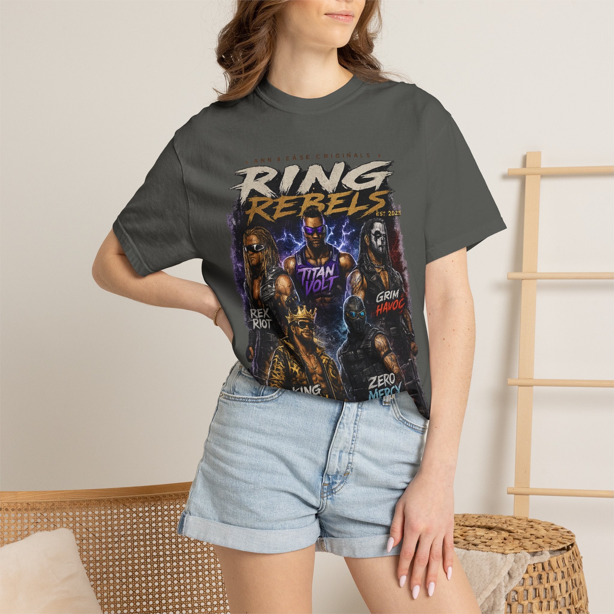 Playera — Camiseta gráfica Ring Rebels (Rex Riot, Titan Bolt, Grim Havoc, King Vandal, Zero Mercy)