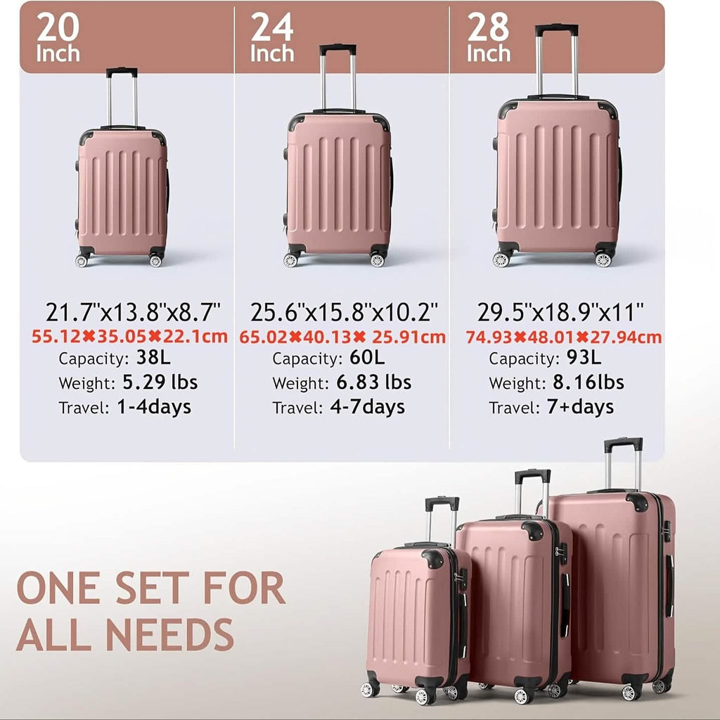 Juego de maletas rígidas de 3 piezas con cerradura TSA – Ruedas giratorias de 360° de 20/24/28 pulgadas