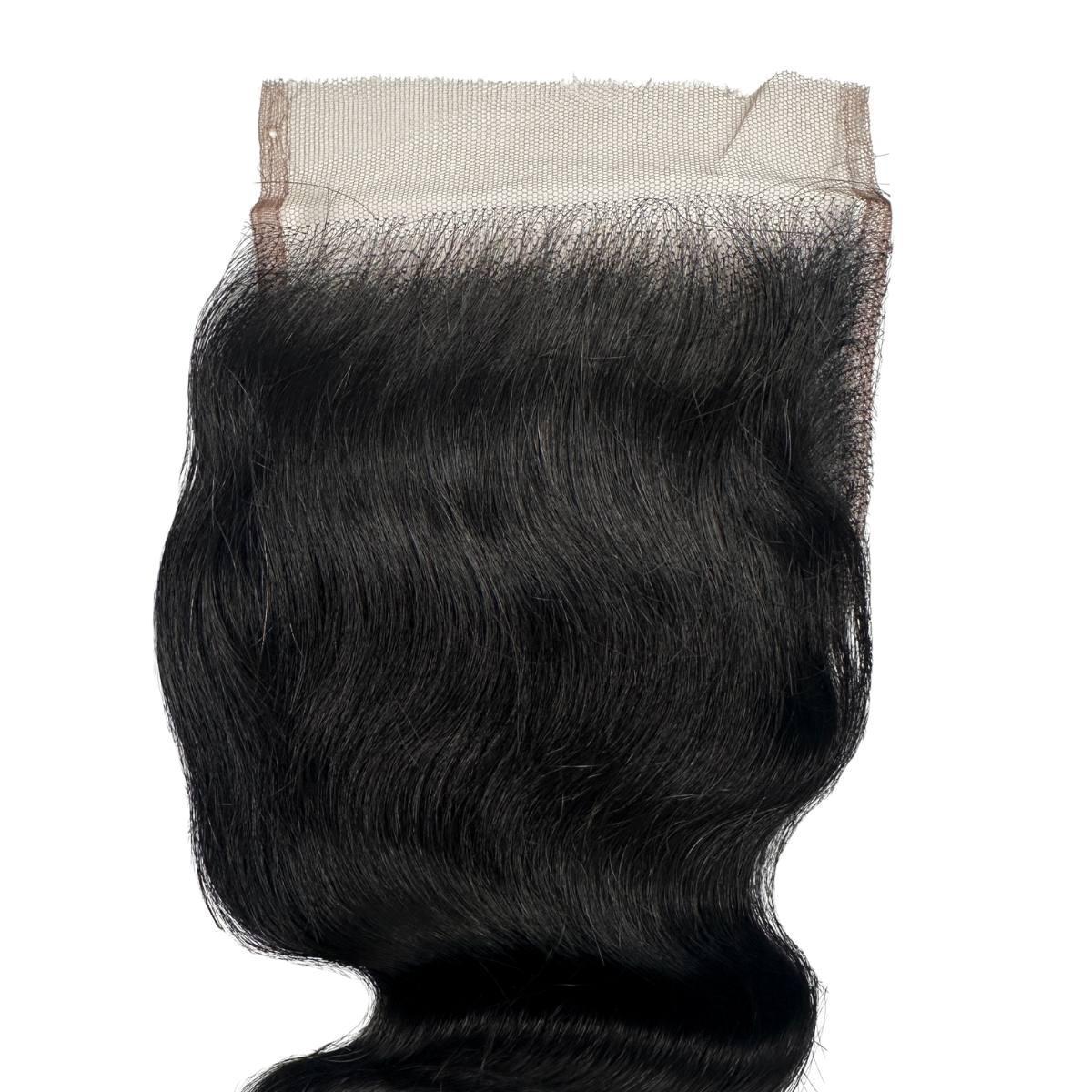 Cierre de Cabello Humano con Encaje HD 4x4, Ondulado, Negro Azabache