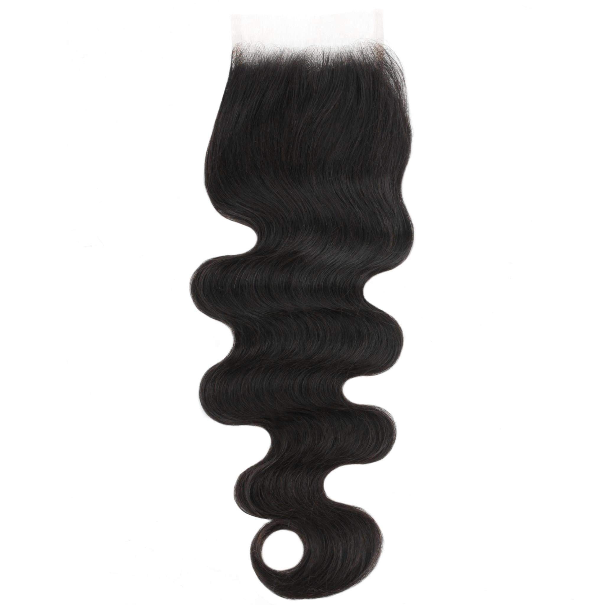 Cierre de cabello humano con encaje transparente 4x4 de onda corporal brasileña