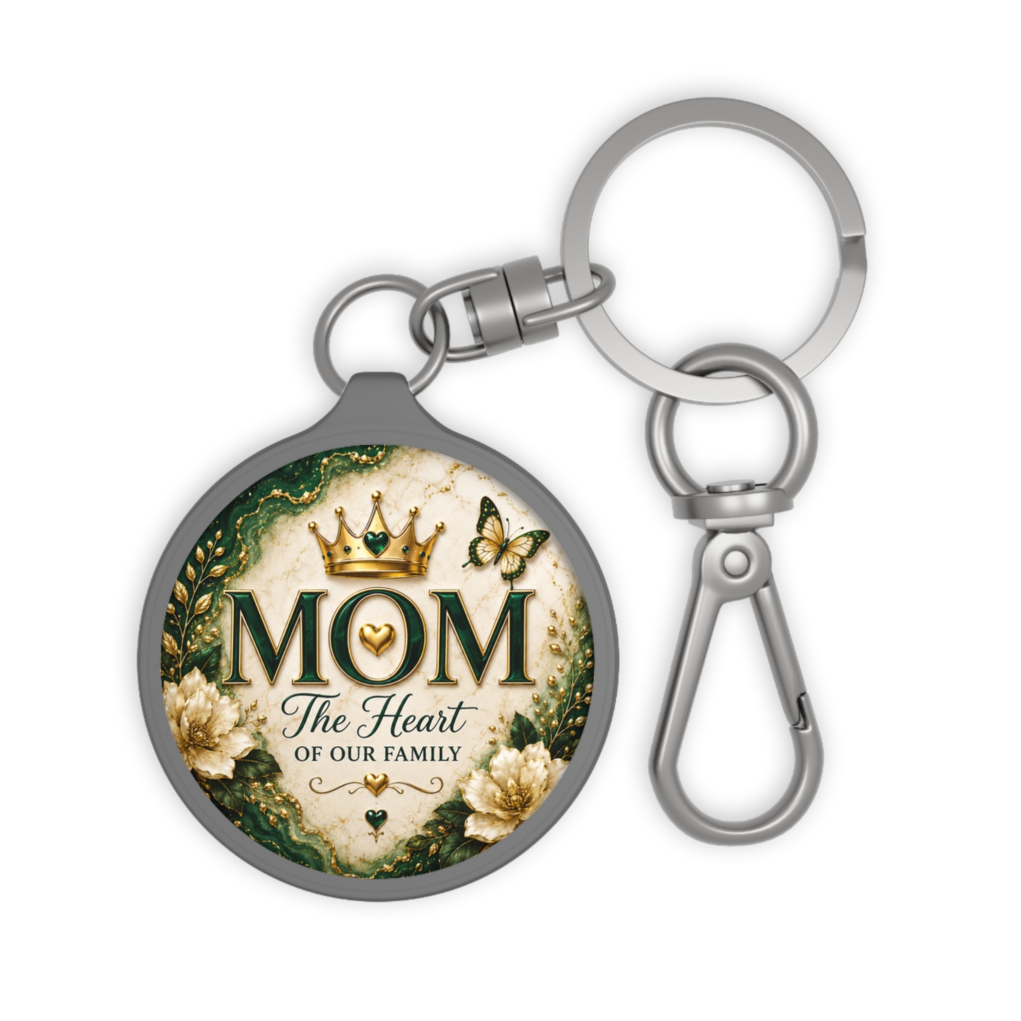 Keyring Tag - "MOM The Heart of Our Family" Floral Crowned Mom Keychain