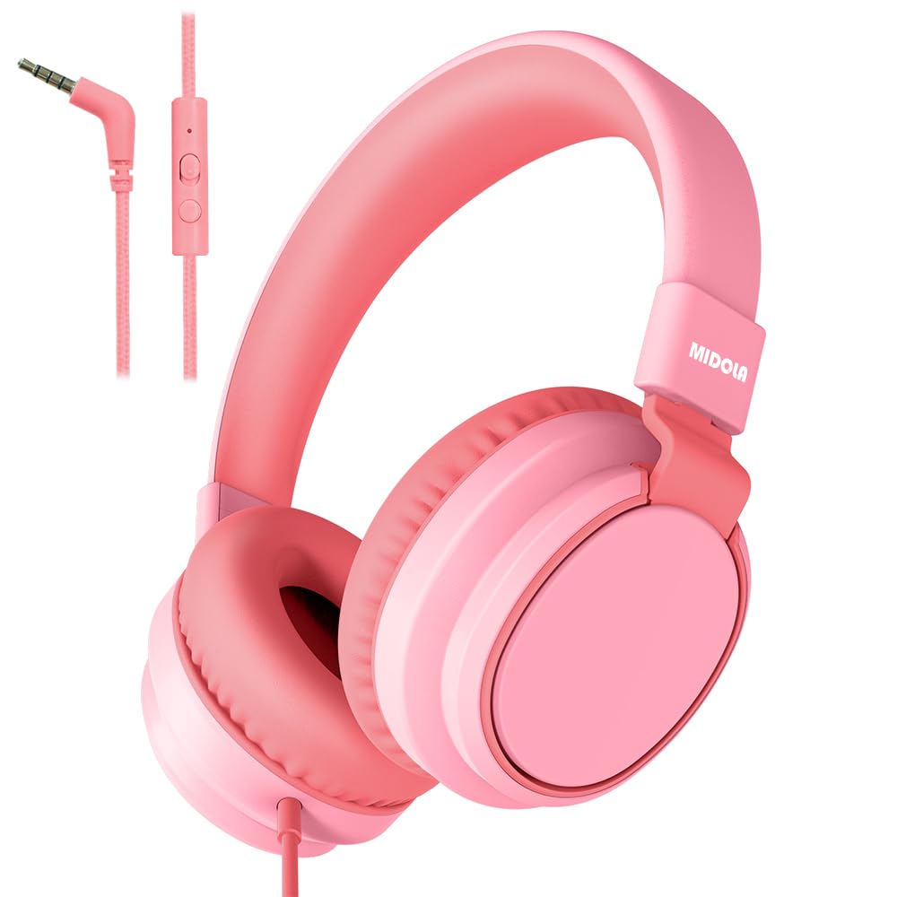 Auriculares para niños con volumen limitado a 85/94 dB - Auriculares con cable plegables para colocar sobre la oreja con micrófono, color rosa