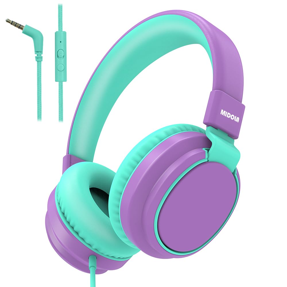 Auriculares para niños con volumen limitado a 85/94 dB - Auriculares con cable plegables para colocar sobre la oreja con micrófono, color rosa