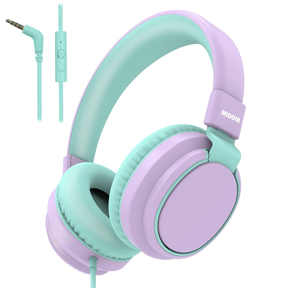 Auriculares para niños con volumen limitado a 85/94 dB - Auriculares con cable plegables para colocar sobre la oreja con micrófono, color rosa
