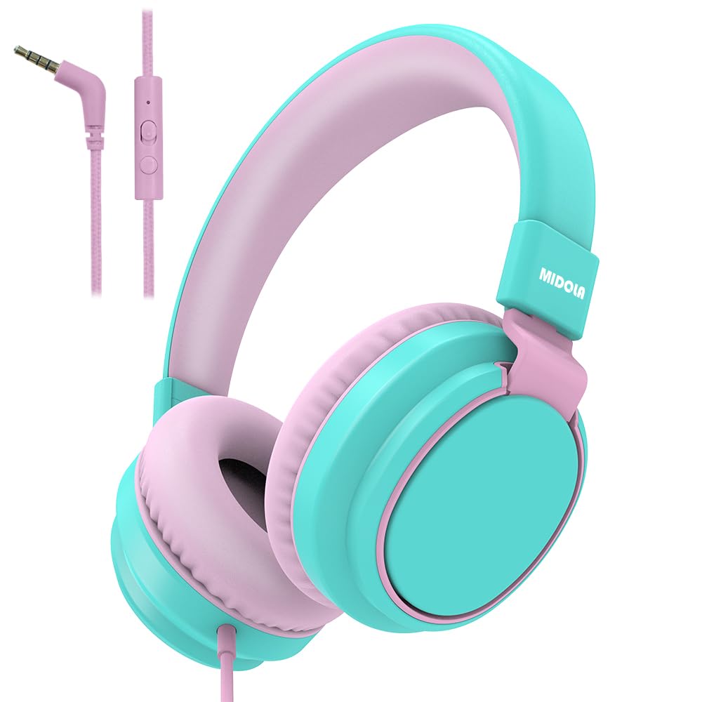 Auriculares para niños con volumen limitado a 85/94 dB - Auriculares con cable plegables para colocar sobre la oreja con micrófono, color rosa