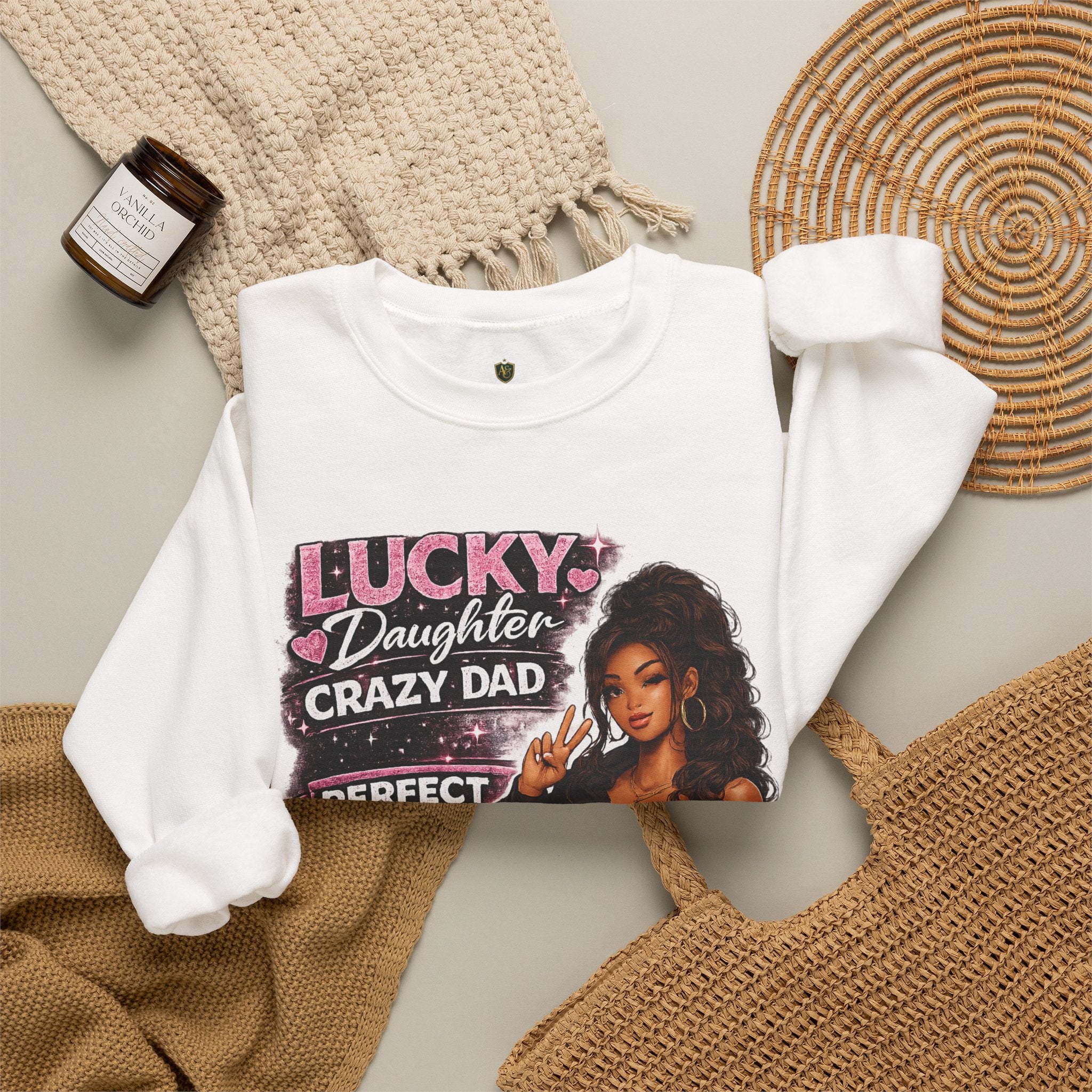 Crewneck Sweatshirt — "Lucky Daughter, Crazy Dad" Pink Graphic Father-Daughter Pullover
