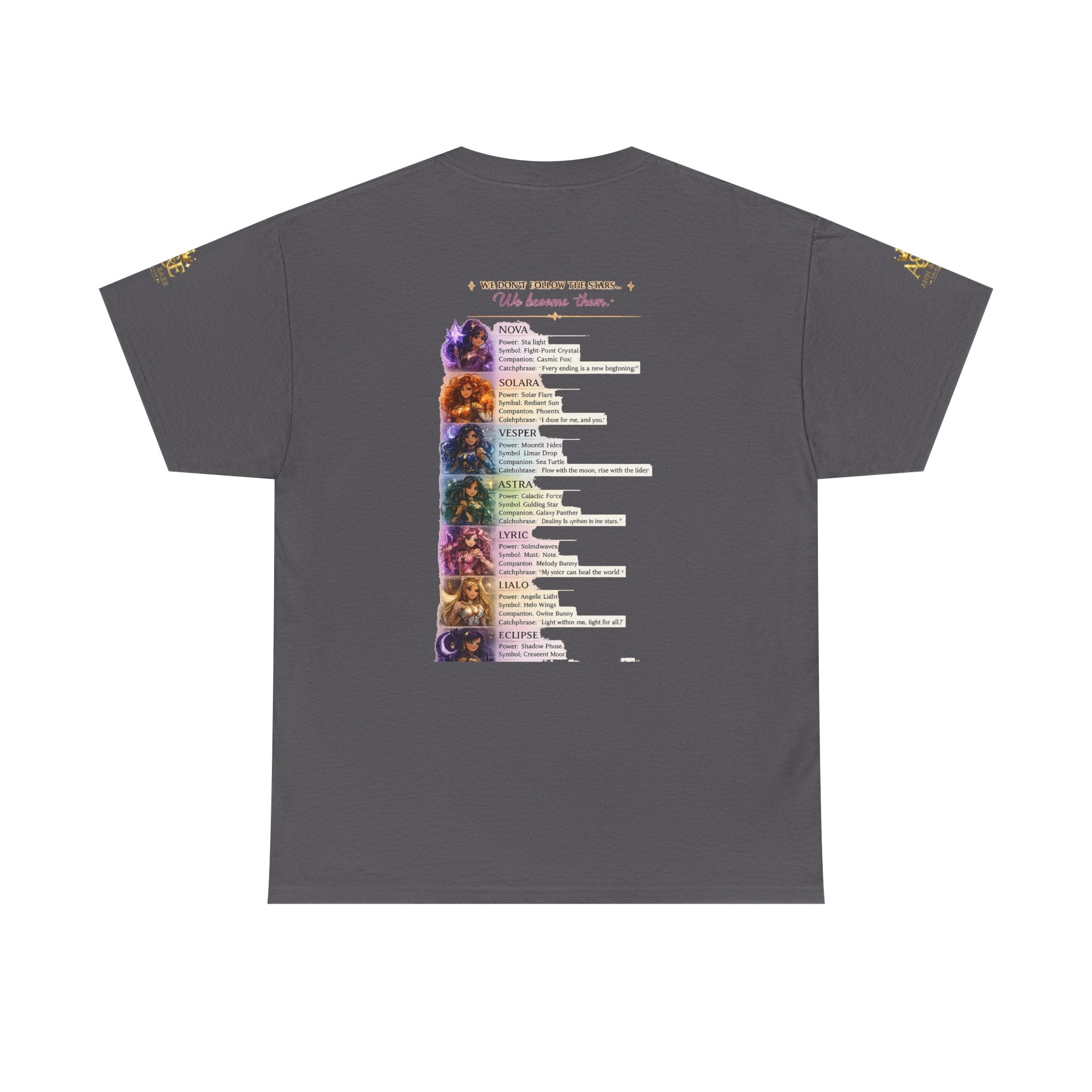 Camiseta gráfica Lumina Guardians — Camiseta con diseño de póster de personaje de fantasía a todo color