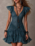 Women's Lace Flutter Sleeve V-Neck Tie Waist Layered Tulle Cake Mini Dress – Navy Blue