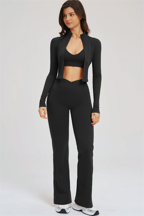 El conjunto de 3 piezas Sizzle Zip Jacket Sports Bra Flared Leggings