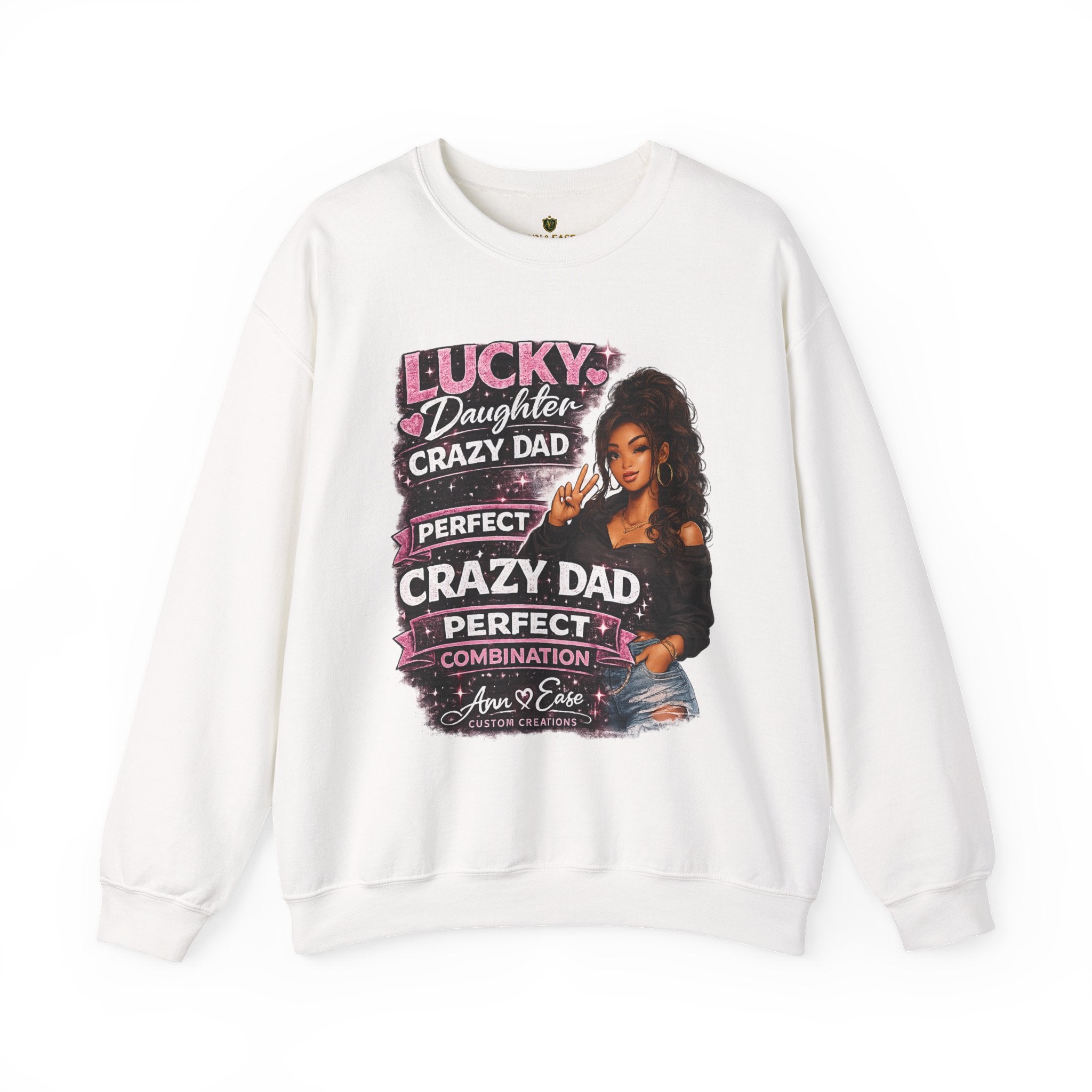 Crewneck Sweatshirt — "Lucky Daughter, Crazy Dad" Pink Graphic Father-Daughter Pullover