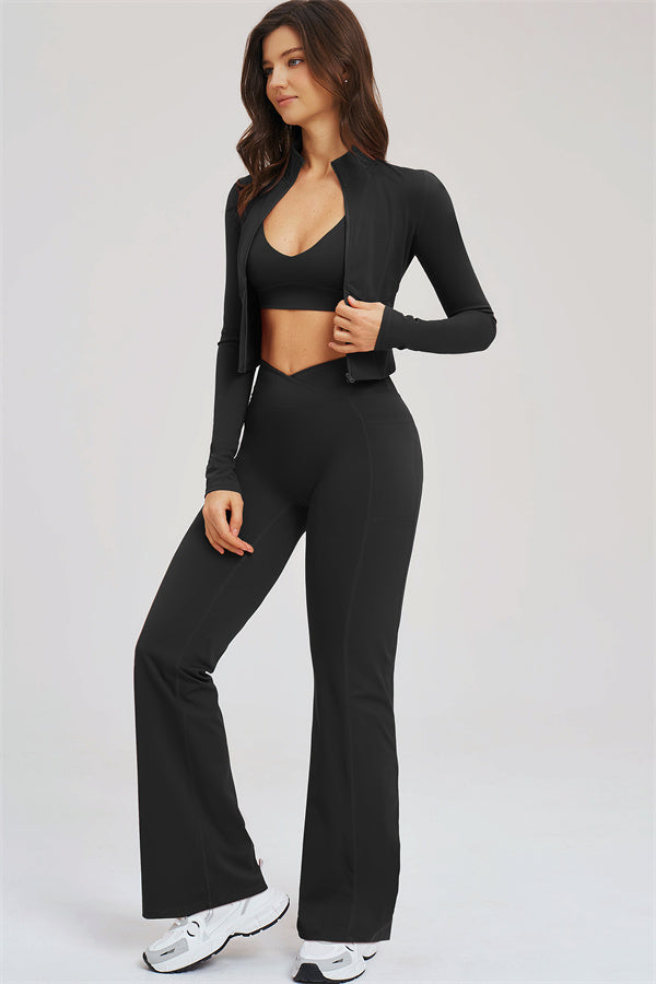El conjunto de 3 piezas Sizzle Zip Jacket Sports Bra Flared Leggings