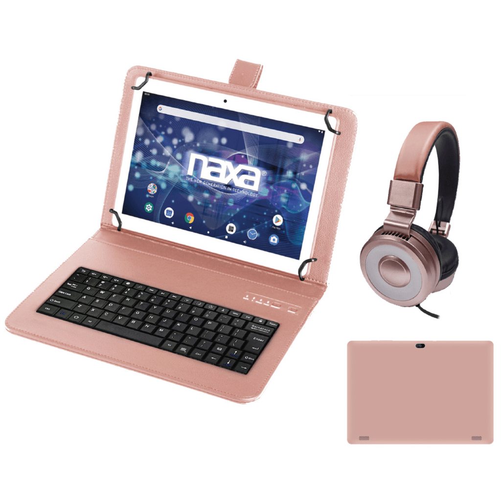 Tablet Naxa de 10.1" con teclado BT, estuche y audífonos, oro rosa - Reacondicionado