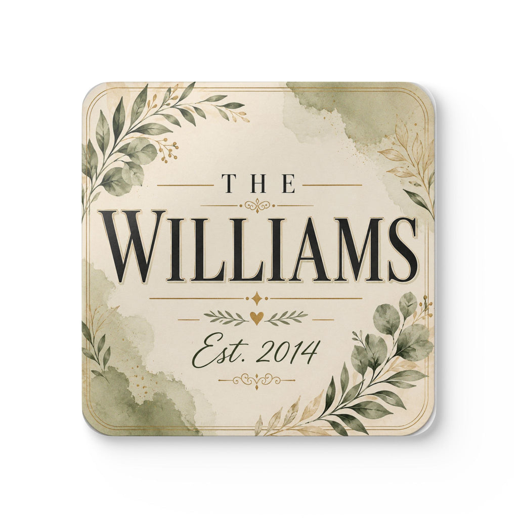 Personalized Cork Coaster Set — Rustic Floral ‘The [Name]’ Est. 2014