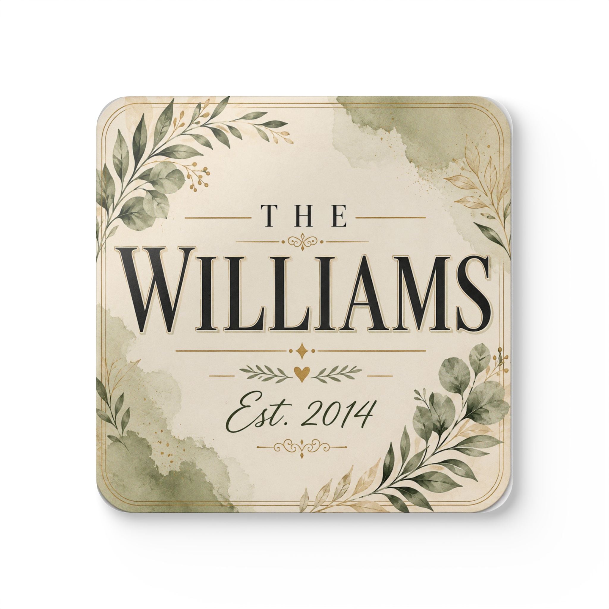 Personalized Cork Coaster Set — Rustic Floral ‘The [Name]’ Est. 2014