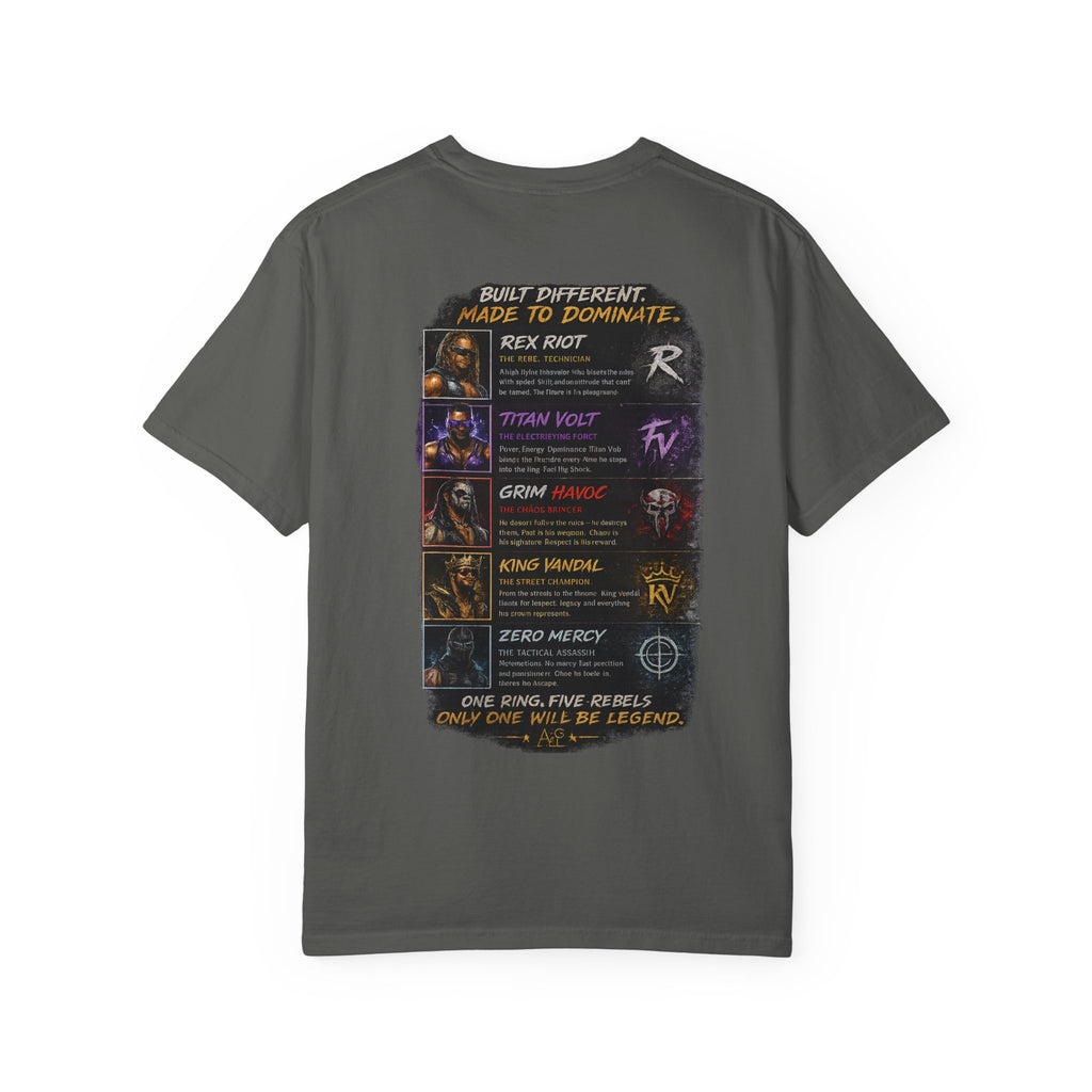 Playera — Camiseta gráfica Ring Rebels (Rex Riot, Titan Bolt, Grim Havoc, King Vandal, Zero Mercy)