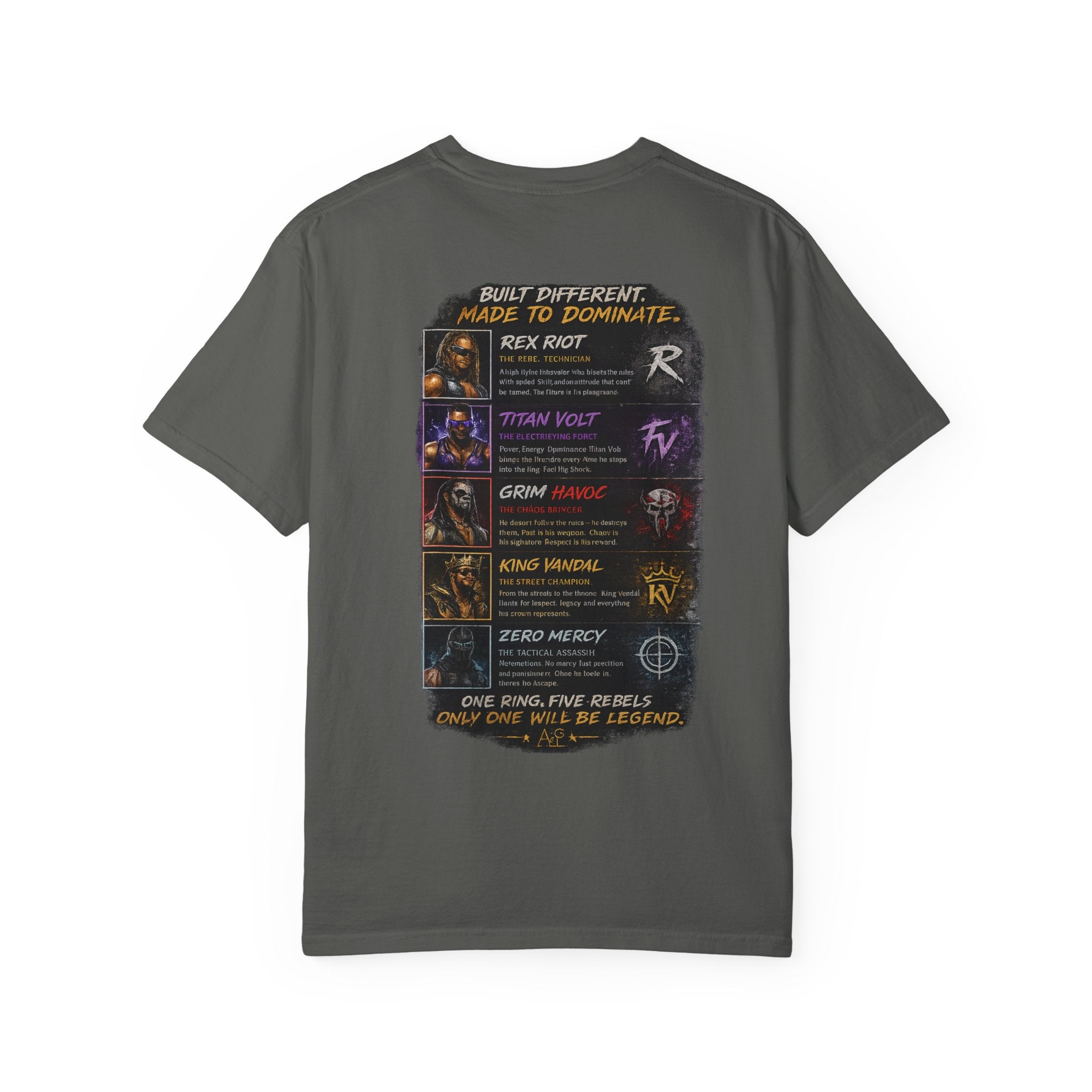 Playera — Camiseta gráfica Ring Rebels (Rex Riot, Titan Bolt, Grim Havoc, King Vandal, Zero Mercy)