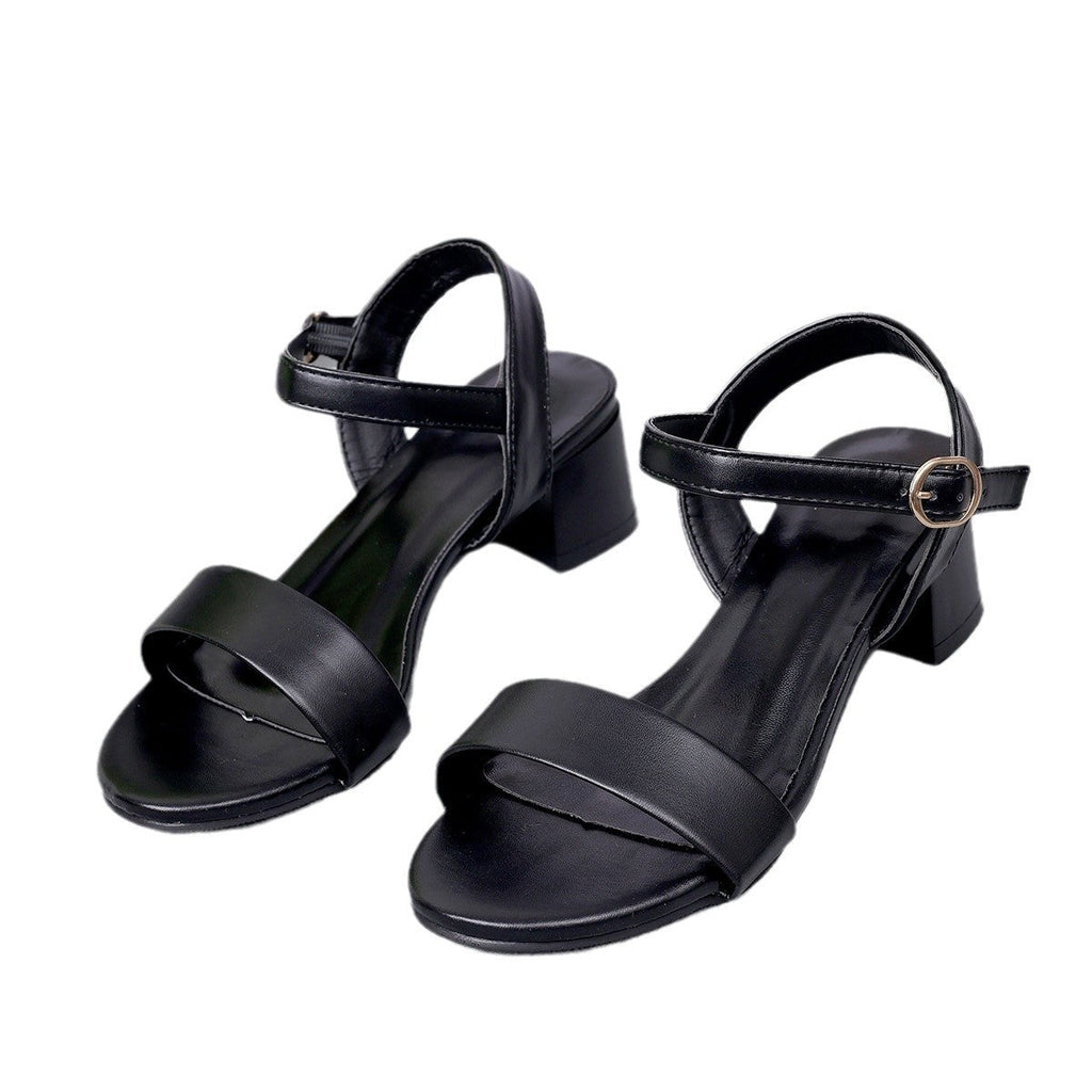 Sandalias de mujer de cuero genuino, tacón bajo, correa de hebilla, sandalias planas informales de verano de cuero negro con puntera abierta y correa de tobillo, zapatos de playa