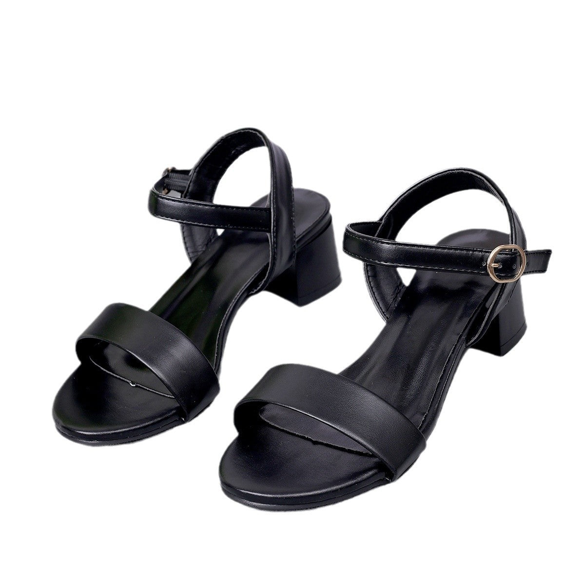 Sandalias de mujer de cuero genuino, tacón bajo, correa de hebilla, sandalias planas informales de verano de cuero negro con puntera abierta y correa de tobillo, zapatos de playa