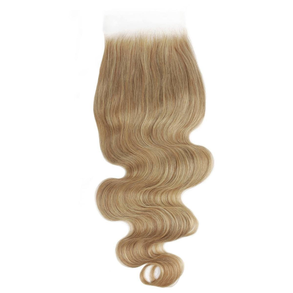 Cierre de cabello humano de encaje HD 5x5 ondulado miel rubia