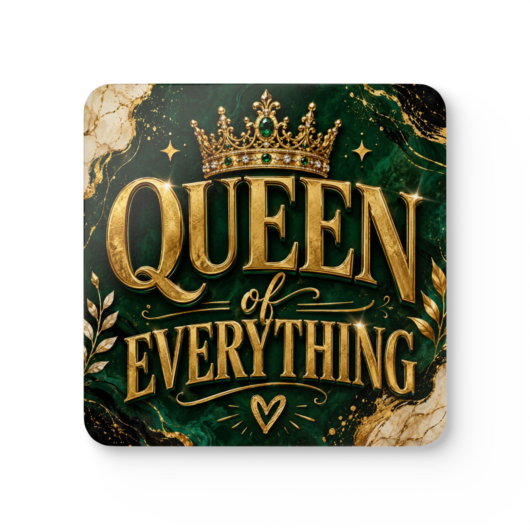 Queen of Everything Cork Coaster Set – Regal Green & Gold Drink Coasters (4-Pack)