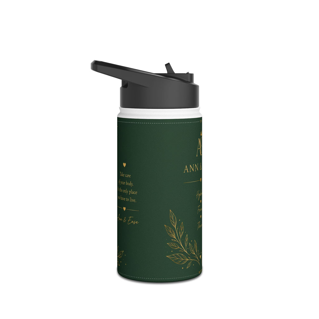 Green Botanical Stainless Steel Water Bottle — "Ann & Ease" Elegant Floral Design