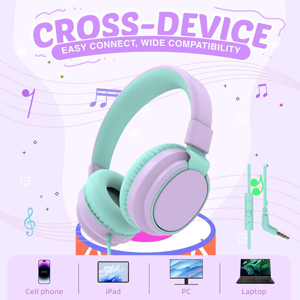 Auriculares para niños con volumen limitado a 85/94 dB - Auriculares con cable plegables para colocar sobre la oreja con micrófono, color rosa