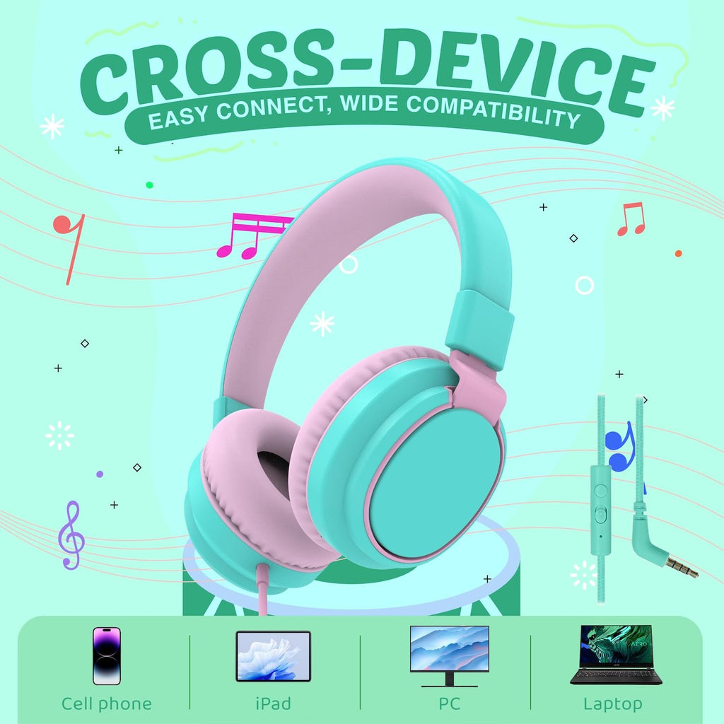 Auriculares para niños con volumen limitado a 85/94 dB - Auriculares con cable plegables para colocar sobre la oreja con micrófono, color rosa