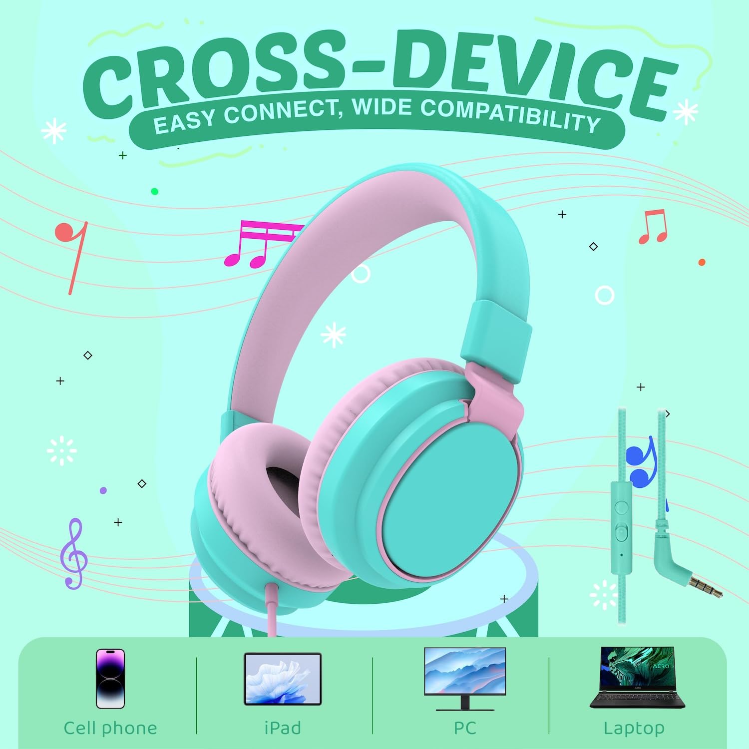 Auriculares para niños con volumen limitado a 85/94 dB - Auriculares con cable plegables para colocar sobre la oreja con micrófono, color rosa