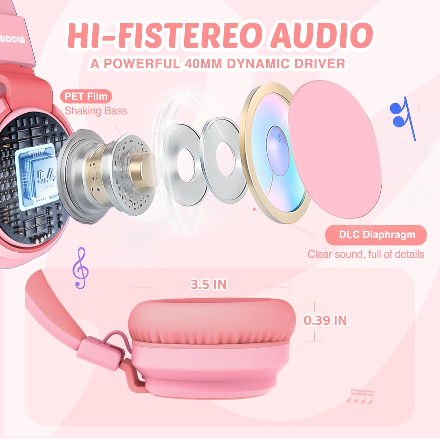 Auriculares para niños con volumen limitado a 85/94 dB - Auriculares con cable plegables para colocar sobre la oreja con micrófono, color rosa