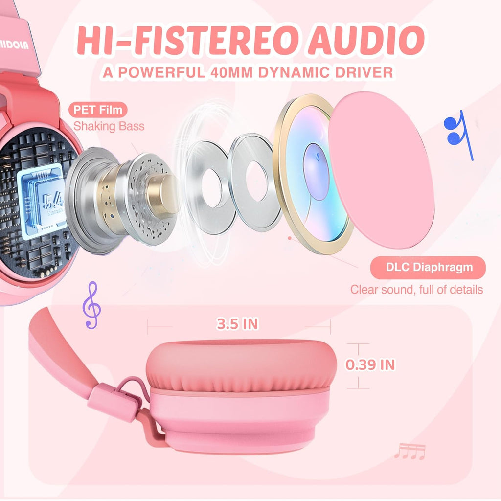 Auriculares para niños con volumen limitado a 85/94 dB - Auriculares con cable plegables para colocar sobre la oreja con micrófono, color rosa