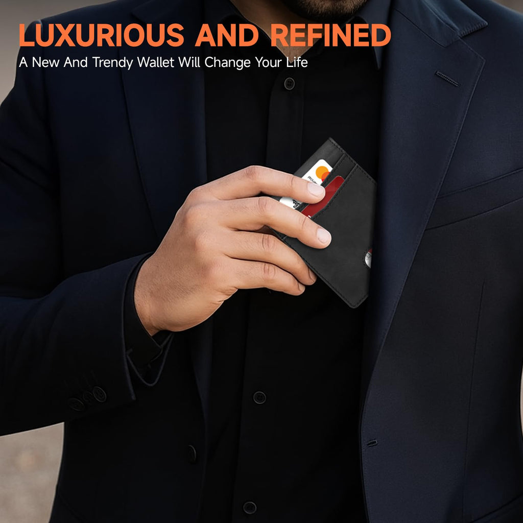 Cartera Ultrafina para Hombre, Billetera de Cuero con Bloqueo RFID, Bifold Elegante con Bolsillo Frontal Delgado Minimalista y 2 Ventanas para Identificación (Negro Carbón y Negro)